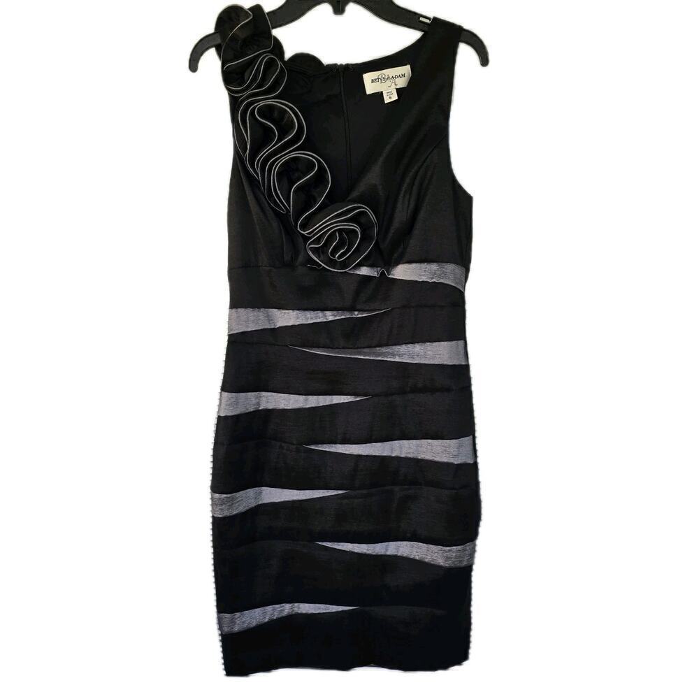 Betsy & Adam Black Satin Cocktail Dress with Ruffle Accent Sleevess Size 6